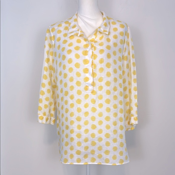 Chicos No-Iron 100% Linen Button Back Yellow and White Polka Dot Blouse. Size 16 - Picture 3 of 14